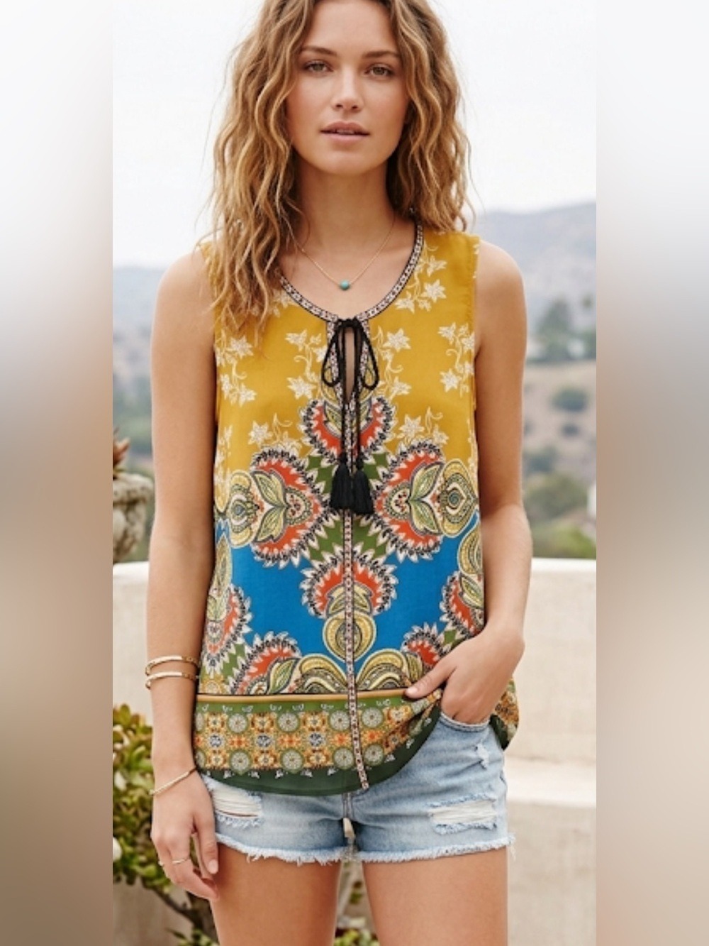 Daniel Rainn Gold Blue Green Patterned Sleeveless Tassel Tie Blouse L
